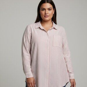 Women’s Red & White Striped Button-Down Shirt – NWT